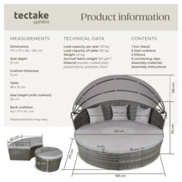 Tectake Sun Lounger Santorini - Modular Garden Furniture Set With Shade Canopy  - Grey - thumbnail 6
