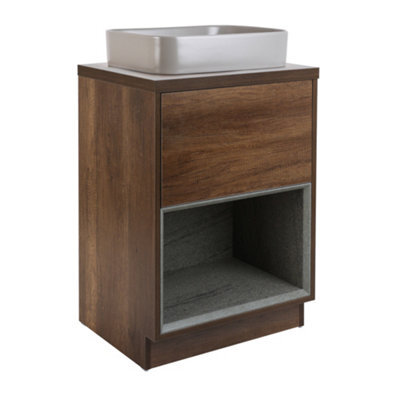 Homestylestore Dark Oak 600mm Bathroom Vanity Unit Rectangular Pebble Countertop Basin Open Shelf - image 1