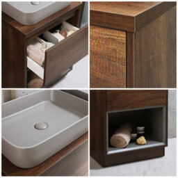 Homestylestore Dark Oak 600mm Bathroom Vanity Unit Rectangular Pebble Countertop Basin Open Shelf - thumbnail 2