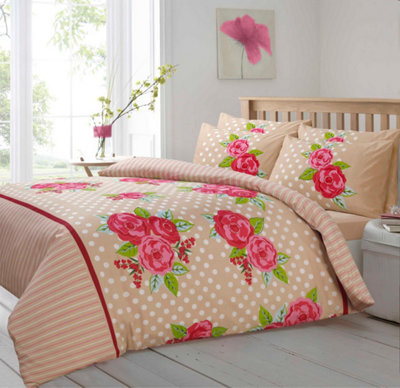 Velosso Cotton Blend Floral Print Duvet Cover Set With Pillowcases, Machine Washable, Wrinkle Resistant Bedroom Decor - Natural