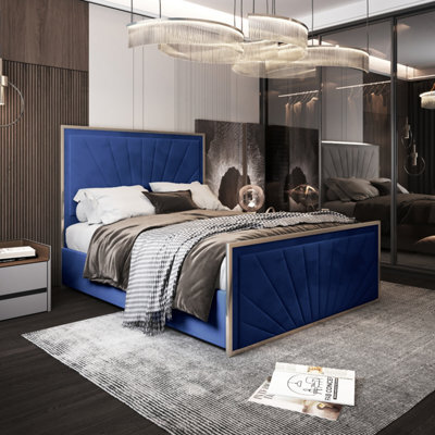 Roxy Upholstered Soft Velvet Metal Blue Bed Frame - image 1