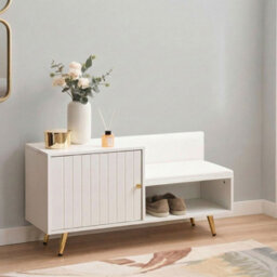 Wyld And Coco Novahome White Shoe Storage Bench With 2 Concealed Compartments And Gold-Tone Metal Legs - thumbnail 2