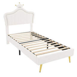 Abrihome 3Ft Pu Leather Bed With Led Headboard, Wood Slats, No Box Spring, Cream White - thumbnail 9