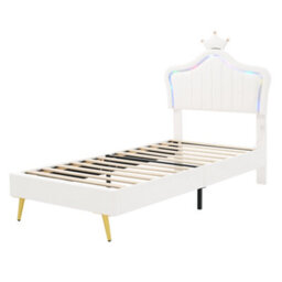 Abrihome 3Ft Pu Leather Bed With Led Headboard, Wood Slats, No Box Spring, Cream White - thumbnail 7
