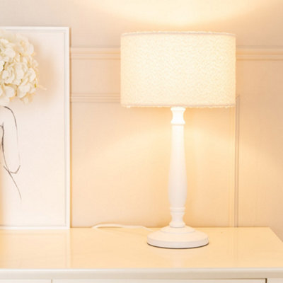 Valuelights Victoria Candlestick White Wood Table Lamp With Cream Boucle Drum Lamp Shade - image 1