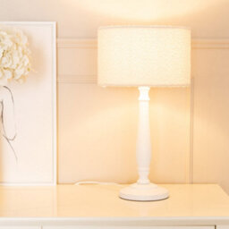 Valuelights Victoria Candlestick White Wood Table Lamp With Cream Boucle Drum Lamp Shade