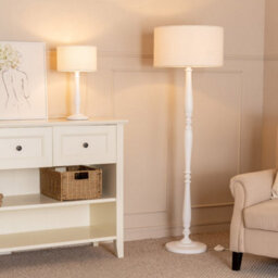 Valuelights Victoria Candlestick White Wood Table Lamp With Cream Boucle Drum Lamp Shade - thumbnail 3