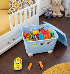 B2C Mobile Toy Storage Box Container Kids Room Cute Wheeled Rolling Bin Organizer Blue - thumbnail 3