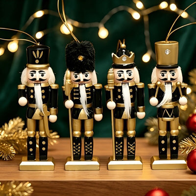 Amorly 4Pcs Mini Nutcracker Christmas Ornaments, Black Golden Wooden Soldier Nutcracker Hanging Decorations For Xmas Tree Home Decor - image 1