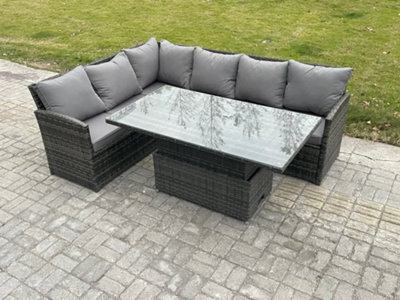 Fimous Wicker Pe Outdoor Rattan Garden Furniture Set Height Adjustable Rising Lifting Table Sofa Dining Set With Dark Grey Mixed - image 1