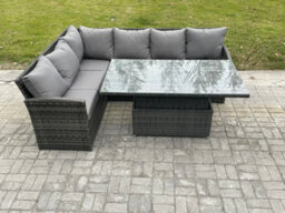 Fimous Wicker Pe Outdoor Rattan Garden Furniture Set Height Adjustable Rising Lifting Table Sofa Dining Set With Dark Grey Mixed - thumbnail 2