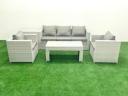 Fimous Rattan Garden Furniture Set 5 Pieces Outdoor Garden Sofa Oblong Coffee Table Set 2 Chairs Side Tabe Light Grey - thumbnail 1