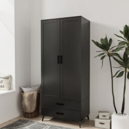 Urbn-Living Urbnliving 180Cm Height Black Wardrobe With 2 Door 2 Drawer Modern Bedroom Clothes Storage Hanging Rail - thumbnail 1