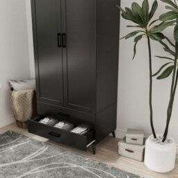 Urbn-Living Urbnliving 180Cm Height Black Wardrobe With 2 Door 2 Drawer Modern Bedroom Clothes Storage Hanging Rail - thumbnail 3
