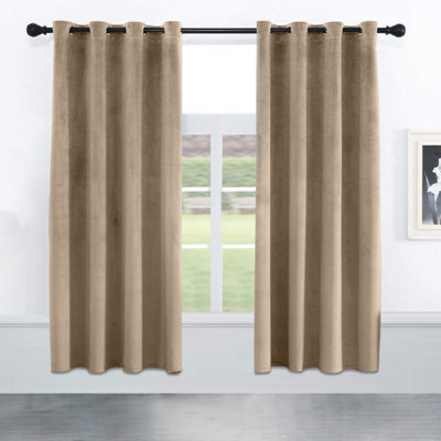 Oxford Homeware Eyelet Velvet Curtains Beige Fully Lined Blackout Thermal Insulated Eyelet Curtains Pair (W)168Cm X (L)137Cm - image 1