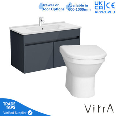 Vitra 1000mm Wall Hung Bathroom Vanity Unit With 2 Doors Includes Basin, Chrome Tap And Back To Wall Toilet - Grey Gloss - image 1