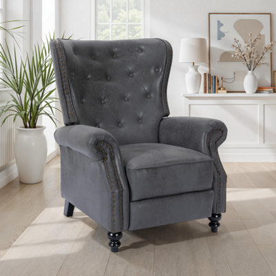 Faux Leather Suede Grey Buttoned Wingback Recliner Chair - image 1