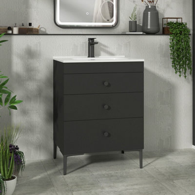 Royal Bathrooms Royal Bathroom Verona 600mm Matt Black 3-Drawer Floor Standing Bathroom Vanity Unit With Ceramic Basin & Matt Black Knob - image 1