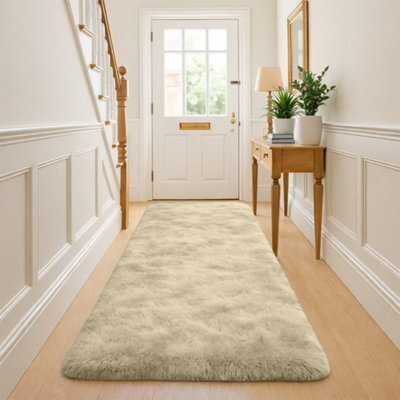 Bedlooms Cream Non-Slip Shaggy Runner Rug 60X220Cm, Modern Area Rugs Living Room Bedroom Hallway Rugs