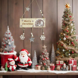 Neel Blue Wooden Merry Christmas Hanging Sign, Rustic Silver Plaque With Reindeer Cut-Cut, Snowflakes - thumbnail 4