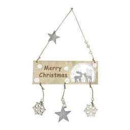 Neel Blue Wooden Merry Christmas Hanging Sign, Rustic Silver Plaque With Reindeer Cut-Cut, Snowflakes