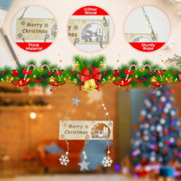 Neel Blue Wooden Merry Christmas Hanging Sign, Rustic Silver Plaque With Reindeer Cut-Cut, Snowflakes - thumbnail 3