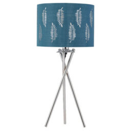 First Choice Lighting Chrome Tripod Table Lamp With Teal Fern Cut Out Shade