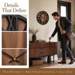 L Vintage Silent Non-Ticking Wooden Large Round Wall Clock For Home Office Kitchen - thumbnail 4