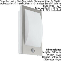 2 Pack Ip44 Outdoor Wall Lights With Pir Sensor - Modern Stainless Steel & White 12W E27 - thumbnail 2
