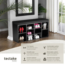 Tectake Shoe Rack - Storage Cabinet For 10 Pairs Of Shoes, Bench With Seat Cushion, 103.5 X 48 X 30 Cm - 103.5 Cm - Black - thumbnail 2