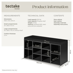 Tectake Shoe Rack - Storage Cabinet For 10 Pairs Of Shoes, Bench With Seat Cushion, 103.5 X 48 X 30 Cm - 103.5 Cm - Black - thumbnail 6