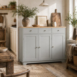 Wyld Haus Totoro Grey Sideboard With Natural Rubberwood Top, 3 Doors 3 Drawers 101Cm - thumbnail 1