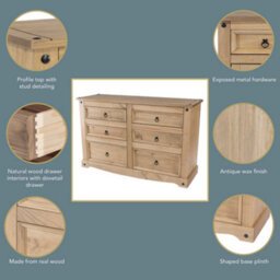 Core Products Premium Corona, 3+3 Drawer Wide Chest Of Drawers - Antique Waxed Pine, H83.4Cm, W132.1Cm X D43.0Cm - thumbnail 2
