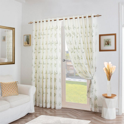 Luxury Living Leaf Embroidered Tulle Voile Curtains Ring Top Sage - image 1