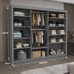 Ie Oslo Wardrobe With Rails & Shelves Sliding Door Wardrobe ( Grey, 250 Cm ) - thumbnail 3