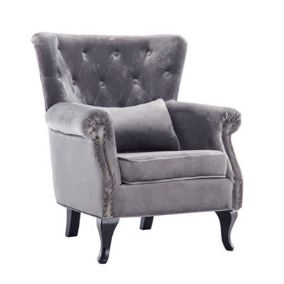 Living And Home Grey Vintage Velvet Upholstered Occasional Armchair Sofa Chair With Lumbar Pillow - image 1