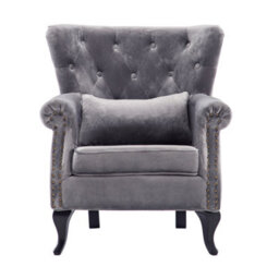 Living And Home Grey Vintage Velvet Upholstered Occasional Armchair Sofa Chair With Lumbar Pillow - thumbnail 4