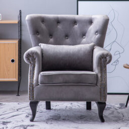 Living And Home Grey Vintage Velvet Upholstered Occasional Armchair Sofa Chair With Lumbar Pillow - thumbnail 2