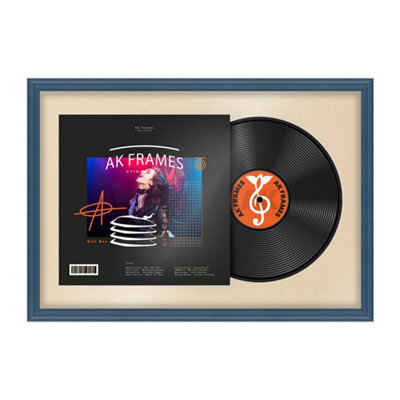 "AK Frames 25X17"" Navy Blue Classic Vinyl Record Frame With Ivory Mount For 12 Inch Lp Cover & Disc - Overlapped Design" - image 1