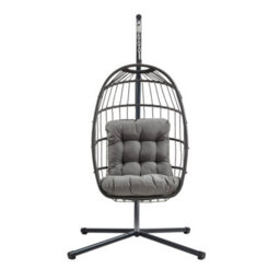MonsterShop Hanging Egg Chair Black Rattan Swing Garden Hammock With Cushion Outdoor Indoor - thumbnail 1