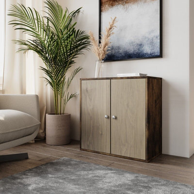 Urbn-Living Urbnliving Height 60Cm 2 Tier Wooden Storage Cabinet Side Furniture Color Rustic Brown With Oak Door Cupboard Bedroom Hallway - image 1