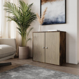 Urbn-Living Urbnliving Height 60Cm 2 Tier Wooden Storage Cabinet Side Furniture Color Rustic Brown With Oak Door Cupboard Bedroom Hallway