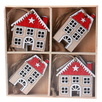 Gisela Graham Christmas Set Of 8 Hanging Wooden House Decorations - Two Styles, Red And White Detail, Comes In Wooden Box.
