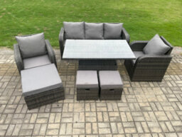 Fimous Outdoor Rattan Furniture Garden Dining Set Rising Lifting Table And Chair Set With  Lounge Sofa 3 Footstools - thumbnail 2
