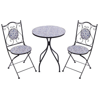 Beliani Garden Elegance Outdoor Bistro Set - Black Metal Frame, Blue Mosaic Ceramic Tabletop, Vintage Style, 3-Piece - image 1