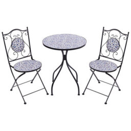 Beliani Garden Elegance Outdoor Bistro Set - Black Metal Frame, Blue Mosaic Ceramic Tabletop, Vintage Style, 3-Piece - thumbnail 1