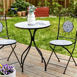 Beliani Garden Elegance Outdoor Bistro Set - Black Metal Frame, Blue Mosaic Ceramic Tabletop, Vintage Style, 3-Piece - thumbnail 2