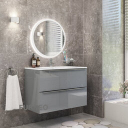 Furneo Bathroom Vanity Unit Floating Storage Basin Gloss Grey 2-Drawer 80Cm With Chrome Handle - thumbnail 1