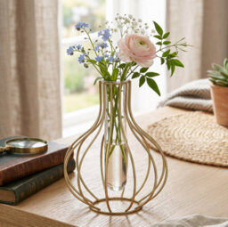 Living And Home Golden Geometric Metal Cage Stand Acrylic Tube Vase Tabletop Hydroponic Plant Flower Decor - thumbnail 1