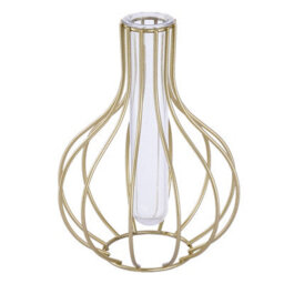 Living And Home Golden Geometric Metal Cage Stand Acrylic Tube Vase Tabletop Hydroponic Plant Flower Decor - thumbnail 2